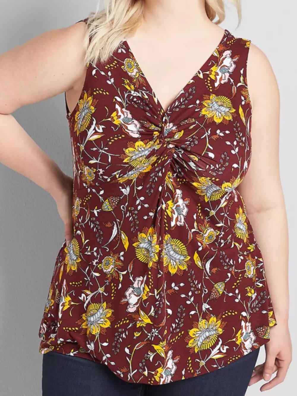Lane Bryant maroon and yellow floral twist-front sleeveless tank